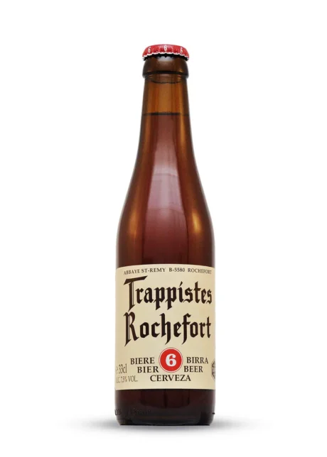 Botella de Cerveza Trappistes Rochefort 6 Dubbel color rojizo rubí con etiqueta tradicional de abadía