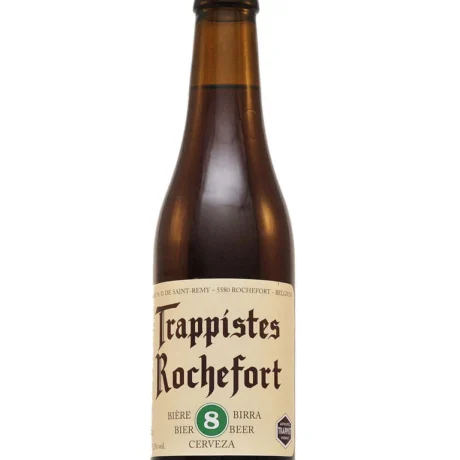 Botella de Cerveza Trappistes Rochefort 8 Quadrupel trapense belga con etiqueta clásica azul y dorada