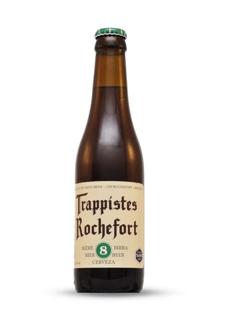 Botella de Cerveza Trappistes Rochefort 8 Quadrupel trapense belga con etiqueta clásica azul y dorada