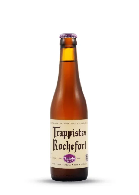 Botella de Cerveza Trappistes Rochefort Extra Triple rubia trapense belga dorada sobre fondo blanco