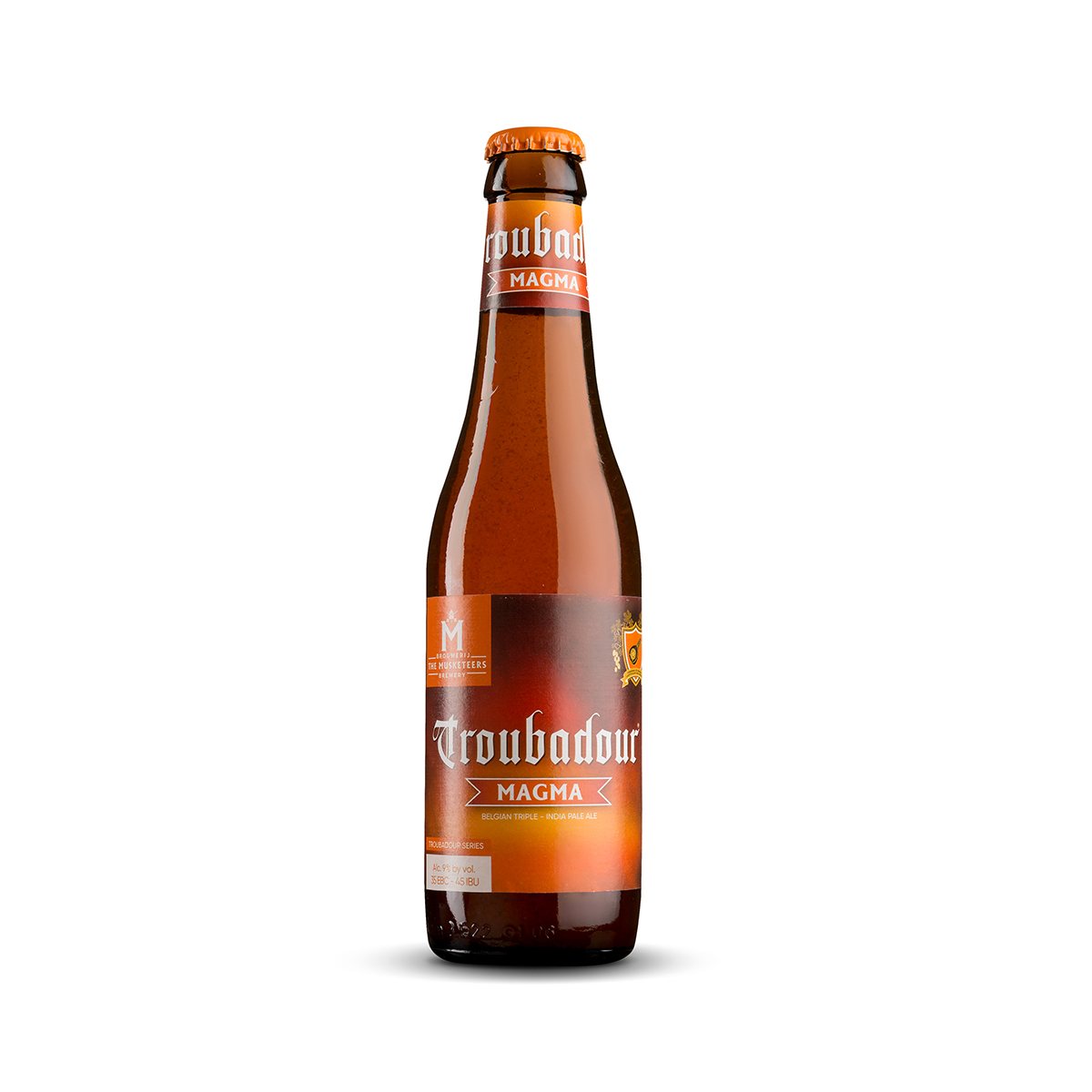 Troubadour Magma Botella de Cerveza Troubadour Magma IPA Doble Imperial ámbar con espuma blanca y etiqueta elegante