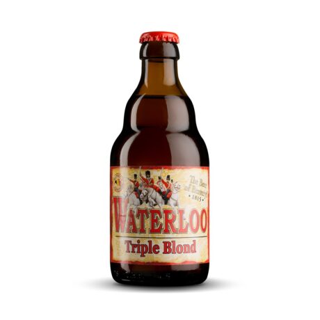 Botella de Cerveza Waterloo Tripel rubia tripel belga con etiqueta inspirada en la batalla de Waterloo