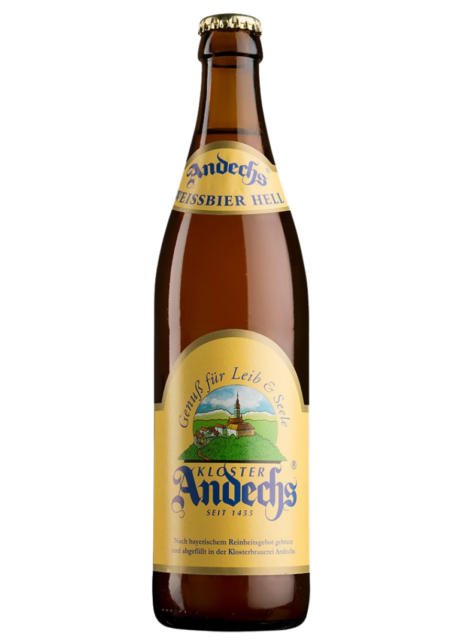 Botella de cerveza Andechs Weissbier Hell dorada con etiqueta del Monasterio de Andechs