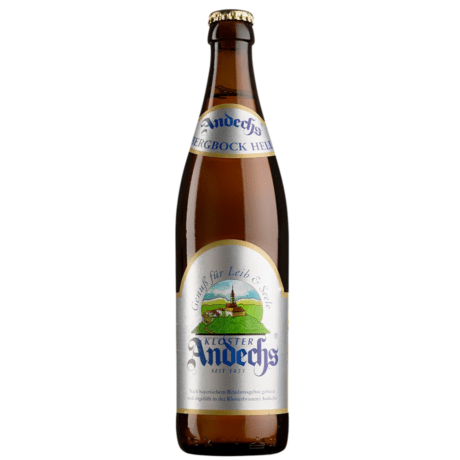 Botella de cerveza Andechs Bergbock Hell dorada con etiqueta tradicional del Monasterio de Andechs
