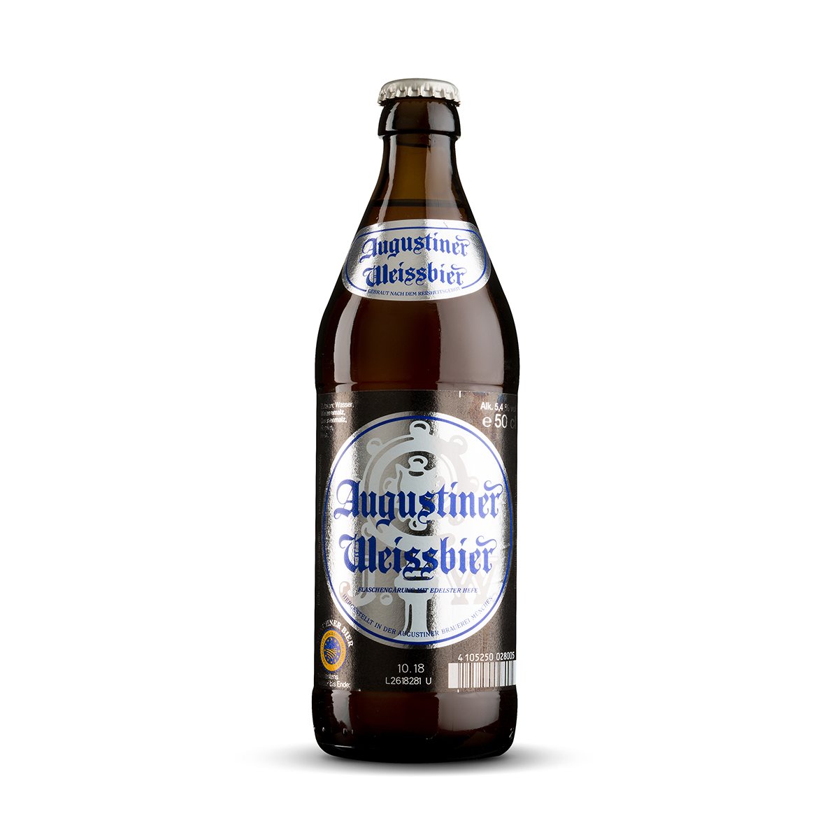 Cerveza Augustiner Weissbier Botella de Augustiner Weissbier, cerveza de trigo artesanal de Múnich con etiqueta tradicional bávara