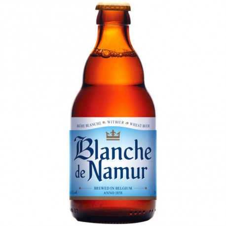 Botella de cerveza Blanche de Namur witbier belga de trigo con etiqueta blanca y dorada