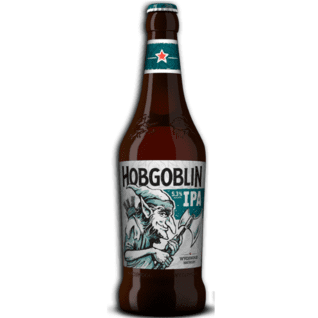 Botella de Cerveza Wychwood Hobgoblin IPA con etiqueta ilustrada de un hobgoblin