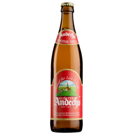 Botella de cerveza Andechs Spezial Hell rubia sutilmente dorada artesanal del Monasterio de Andechs