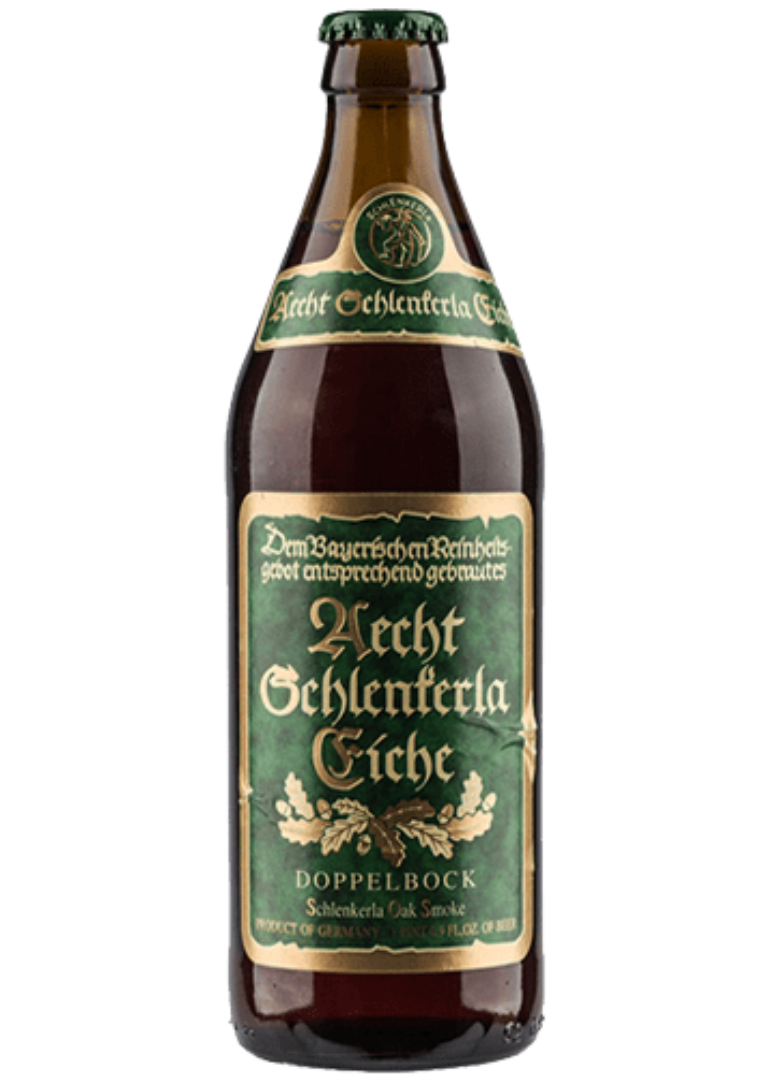 Schlenkerla Rauchbier Doppelbock Botella de cerveza ahumada Schlenkerla Rauchbier Doppelbock con etiqueta tradicional de Bamberg