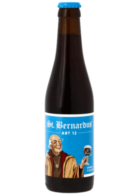 Botella de cerveza St. Bernardus 12º Quadrupel belga de abadía con etiqueta negra y dorada