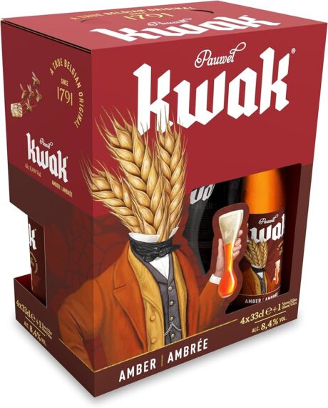 Estuche regalo cerveza Kwak con 4 botellas de 33 cl y vaso Koetsiersglas con soporte de madera