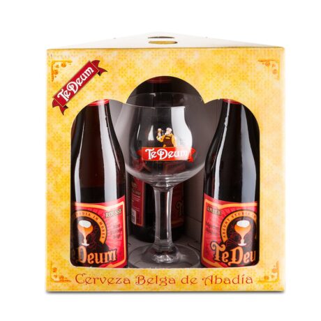 Estuche Te Deum Roja con 3 botellas de cerveza belga Amber y copa de abadía tipo cáliz