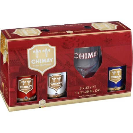 Estuche regalo Chimay con 4 cervezas trapenses (Roja, Blanca, Azul y Dorée) y copa original Chimay