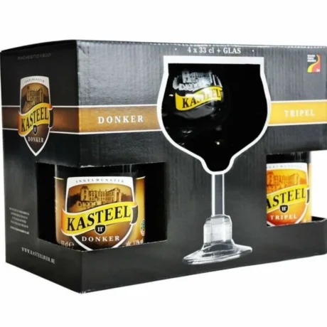 Estuche regalo Kasteel 4 botellas 33 cl con copa original cáliz cervezas belgas Donker y Tripel