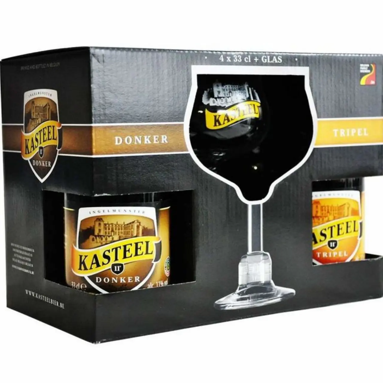 Estuche de Regalo Kasteel con 4 Cervezas Belgas más Copa Estuche regalo Kasteel 4 botellas 33 cl con copa original cáliz cervezas belgas Donker y Tripel