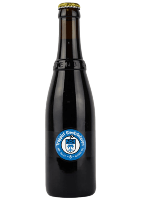 Cerveza belga trapense Westvleteren 8, botella sin etiqueta con chapa azul de la Abadía de San Sixto.