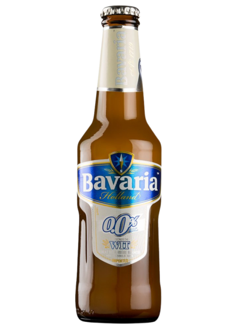 Cerveza holandesa sin alcohol Bavaria 0,0 Trigo, estilo Witbier con naranja y cilantro, botella de 33cl de color amarillo pálido turbio.