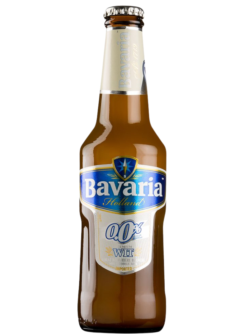 Cerveza Bavaria 0,0 Trigo Cerveza holandesa sin alcohol Bavaria 0,0 Trigo, estilo Witbier con naranja y cilantro, botella de 33cl de color amarillo pálido turbio.