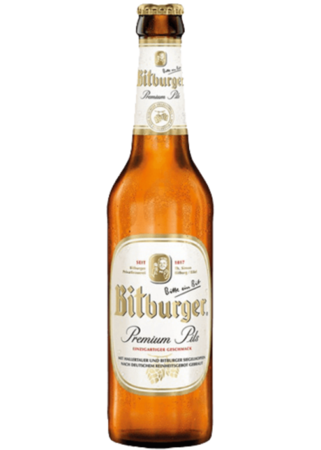Cerveza alemana Bitburger Premium Pilsner de 4,8% alcohol, botella de 33cl estilo lager rubia clásica de Bitburg.