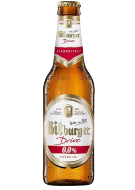 Cerveza alemana sin alcohol Bitburger 0.0% Drive, estilo Pilsner refrescante e isotónica en botella de 33cl.