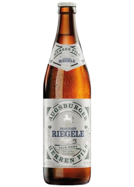 Cerveza alemana Riegele Augsburger Herren Pilsner de 4.7% alcohol, botella de 50cl estilo German Pils con lúpulo Hallertau.