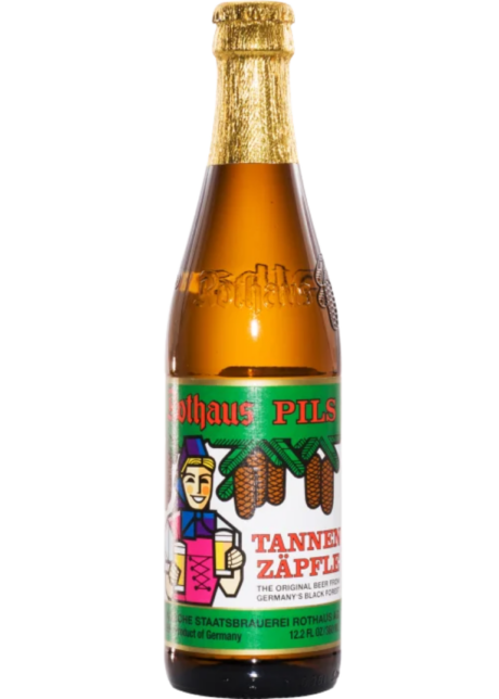 Cerveza alemana Rothaus Pilsner Tannenzäpfle de 5.1% alcohol, botella de 33cl con su icónica etiqueta de la Selva Negra.