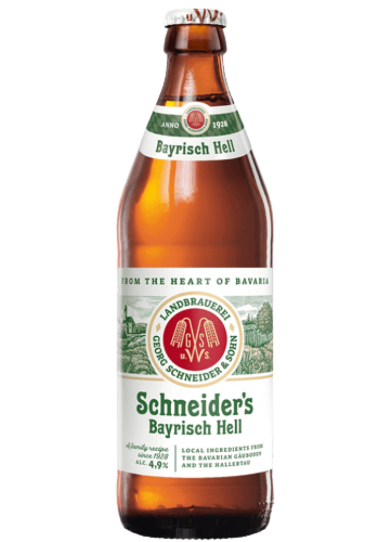 Cerveza Schneider Bayrisch Hell Cerveza alemana Schneider Bayrisch Hell de 4.9% alcohol, estilo Helles Lager de Kelheim en botella de 50cl.