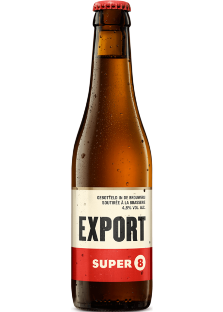 Cerveza belga sin gluten Super 8 Export de Brouwerij Haacht, botella de 33cl de color dorado cristalino.