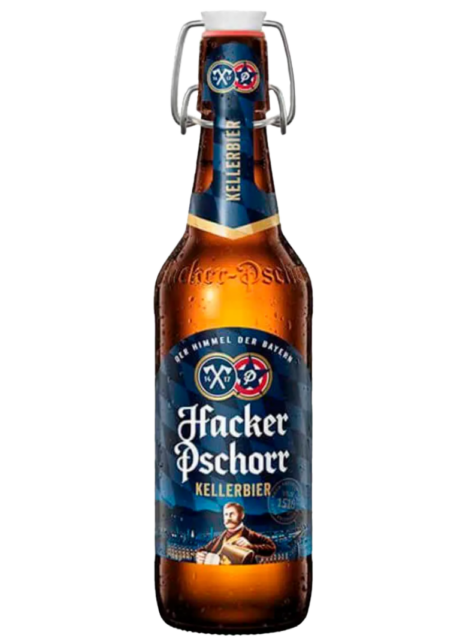 Cerveza alemana Hacker-Pschorr Kellerbier Anno 1417 de 5,5% alcohol, estilo de bodega sin filtrar en botella de 50cl.