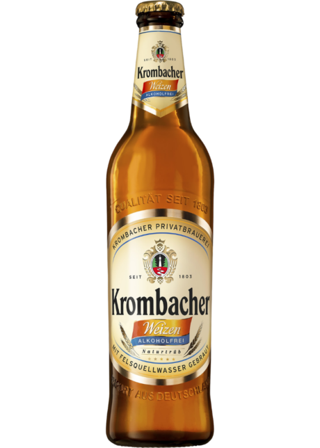 Cerveza alemana de trigo sin alcohol Krombacher Weizen Alkoholfrei, isotónica y naturalmente turbia en botella de 50cl.