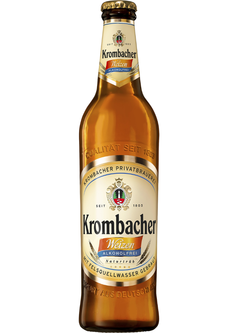 cerveza Krombacher Weizen sin alcohol Cerveza alemana de trigo sin alcohol Krombacher Weizen Alkoholfrei, isotónica y naturalmente turbia en botella de 50cl.