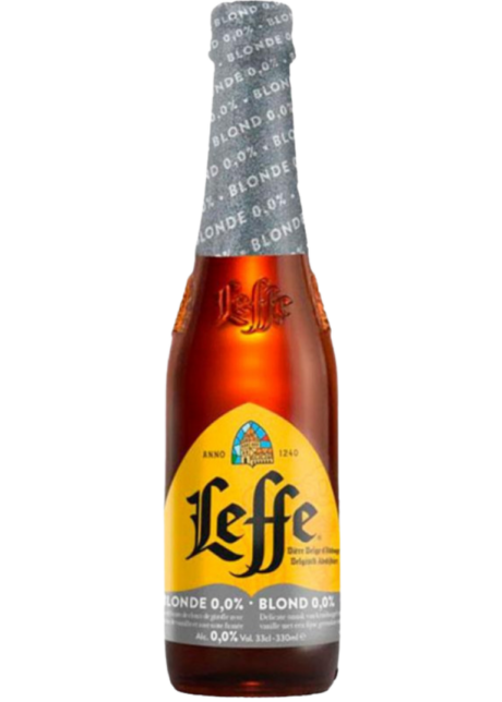 Cerveza belga sin alcohol Leffe 0.0% Blond, botella de 33cl de estilo abadía con notas de vainilla y clavo.