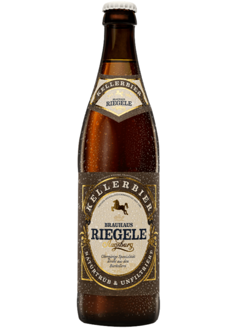 Cerveza alemana Riegele Kellerbier de 5% alcohol, estilo de bodega sin filtrar en botella de 50cl con color cobre radiante.